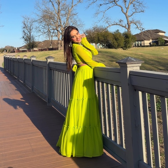 Fluorescent Green Anarkali Lehenga Blouse Set - Picture 3 of 3